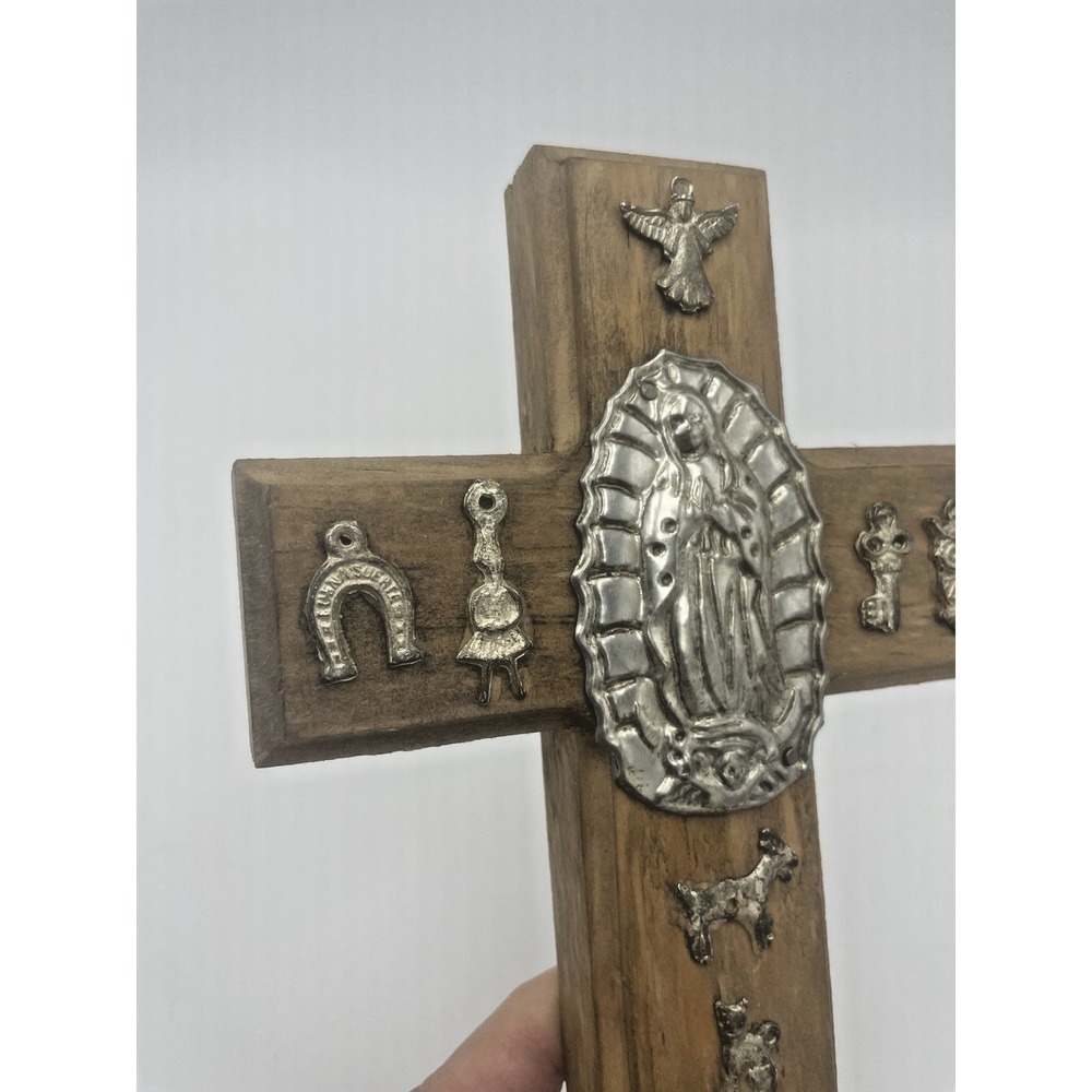 Mexican Folk Art Cross Oremus Mercy Wood Milagros Virgin Mary Religious Crucifix - Picture 4 of 8